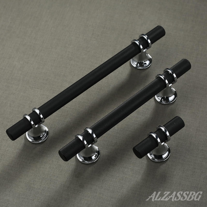 Alzassbg Matte Black and Silver Bar Cabinet Knobs 10 Pack, AL6087CPMB | 2 Inch Length, Knurled T Bar Design, Solid Metal Build, for Cabinets and Drawers 2" Single Hole