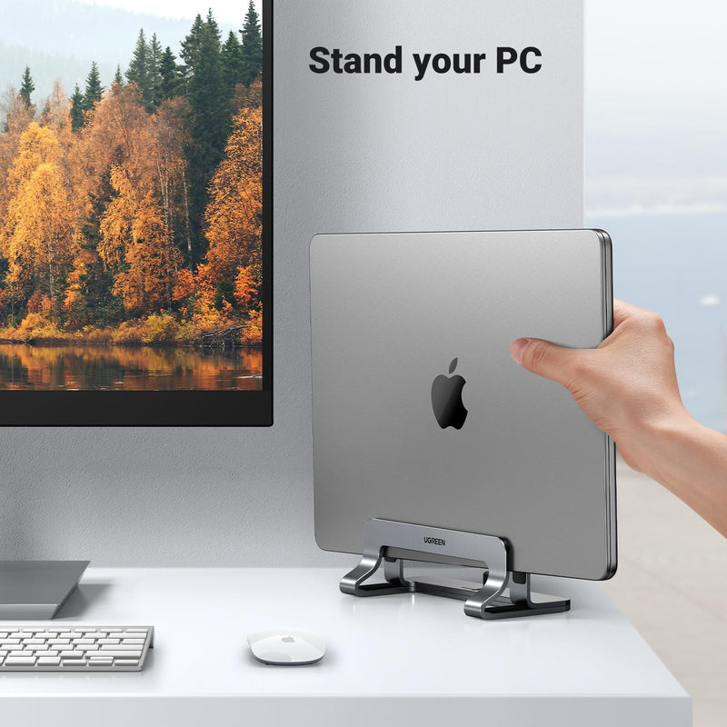UGREEN Vertical Laptop Stand Holder for Desk Compatible with MacBook Pro, MacBook Air Stand Vertical Aluminum Adjustable for Up to 17.3 Inch Gaming Laptop, Gray Silver Gray