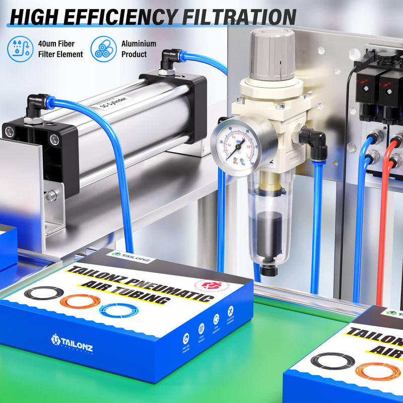 TAILONZ PNEUMATIC 1/4 Inch NPT Automatic Drain Air Filter Pressure Regulator Combo Piggyback, Air Tool Compressor Filter with Gauge AW2000-02D 1/4"NPT Auto Drain