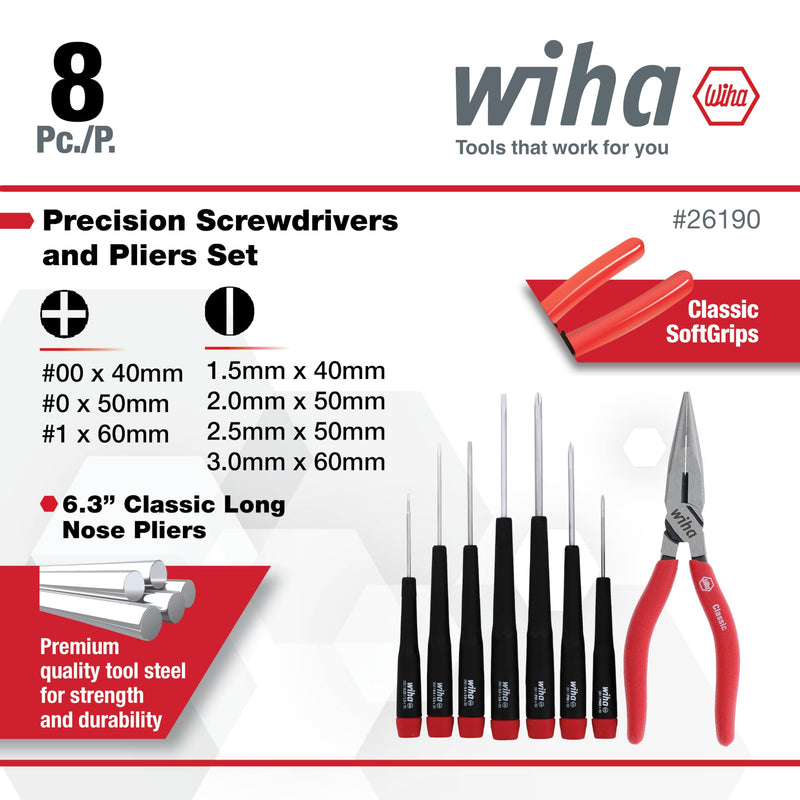 Wiha 26190 Slotted & Phillips Screwdriver Set with Bonus 6.3" Long Nose Pliers, 8 Piece, Extra-Long Handles, Chrome-Plated Slotted & Phillips + Pliers Set, 8 Piece