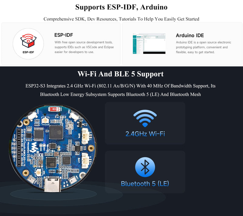ESP32-S3 1.75inch AMOLED Round Touch Display Development Board, 466×466 Pixels, QSPI Interface, Onboard Dual Digital Microphone Array, Supports AI Speech Interaction, with Speaker and Case