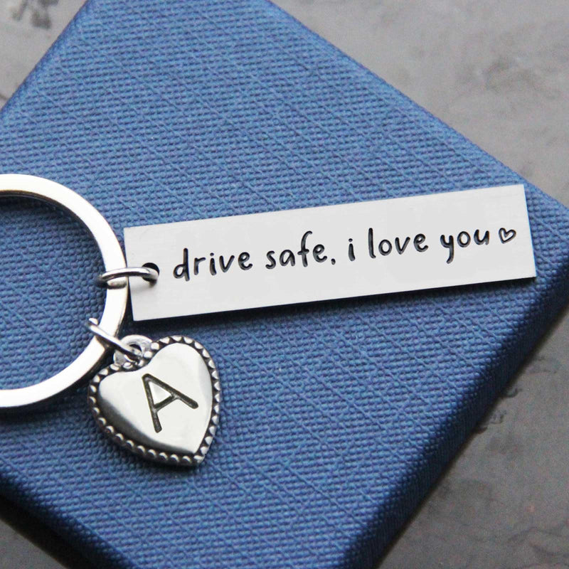 OFlyDesigns Personalized Initial Key Chain Gift, Drive Safe I Love You, Stamped Stainless Steel Keychain, Valentine's Gift, New Driver Gift, to Boyfriend, Personalized First Car Key Chain Drive Safe A drive safe, i love you