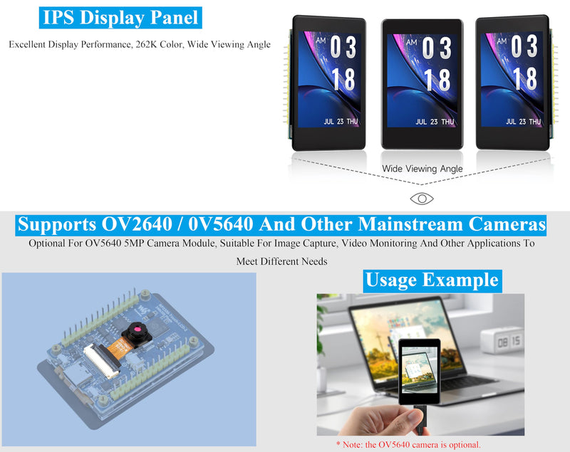 RP2350 2inch Capacitive Touch Display Development Board, Onboard 240x320 Pixels IPS LCD 262K Color 16MB Flash, Tiny Size with Rich Interface Better Expandability, with OV5640 Camera Module