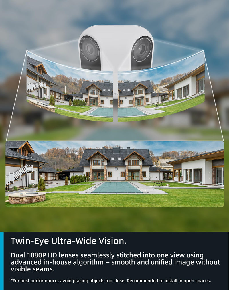 virtavo Cam XM1, Solar Security Cameras Wireless Outdoor, Dual 2MP Resolution, Color Night Vision, PIR Motion Detection, Battery-Powered, 2-Way Audio, Cloud/SD Storage, IP66 White