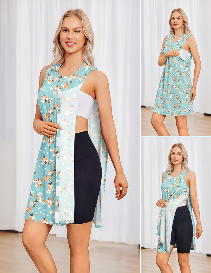Deyeek Women's Post Shoulder Surgery Dress Tear Away Sleeveless Dress Side Full Open Chemo Port Adaptive Nightgown Green Print 3X-Large