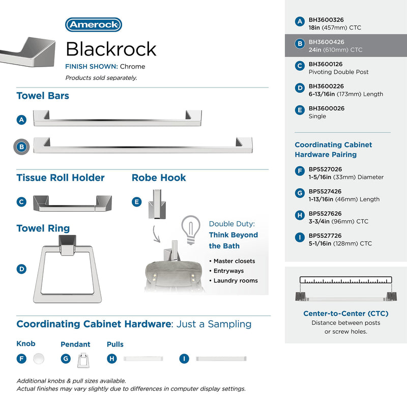 Amerock BH3600426 | Chrome Towel Bar | 24 in (610 mm) Towel Rack | Blackrock | Bathroom Towel Holder | Bathroom Hardware | Bath Accessories | Hand Towel Holder 24 in. Towel Bar 1-Piece