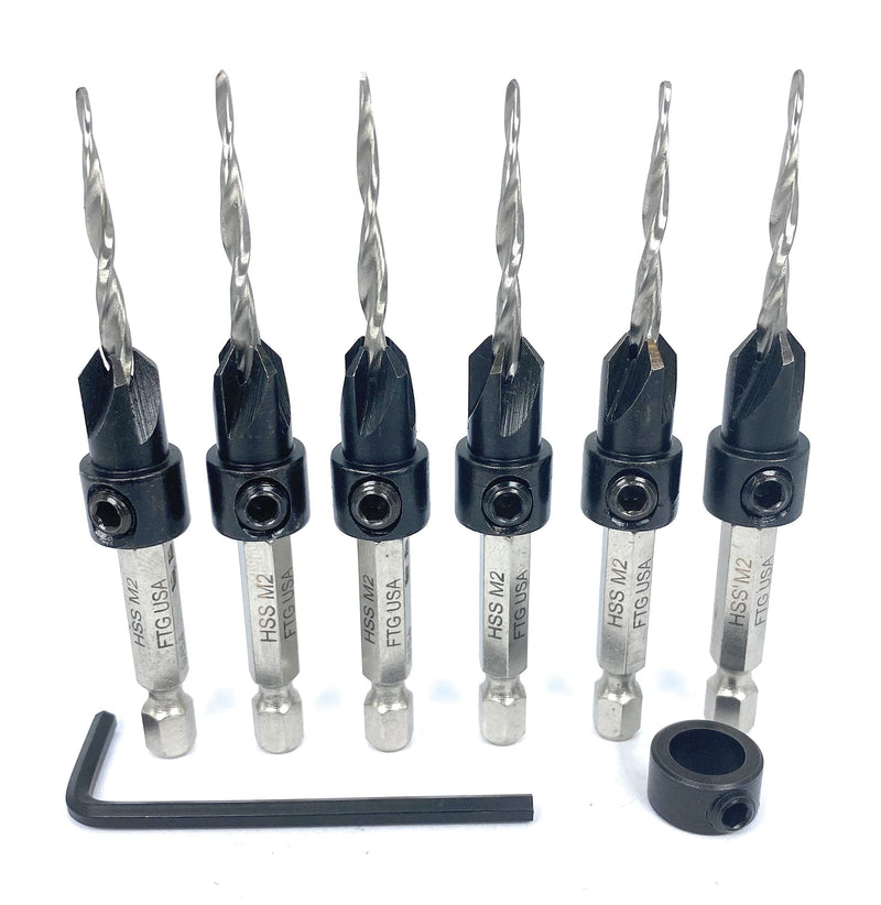 FTG USA 6 Pc #6 (9/64") Wood Countersink Drill Bit Set with Parabolic Flute, Tapered Drill Bit, Depth Stop Collar and Hex Wrench #6 (9/64") 6 Pc Hex Shank