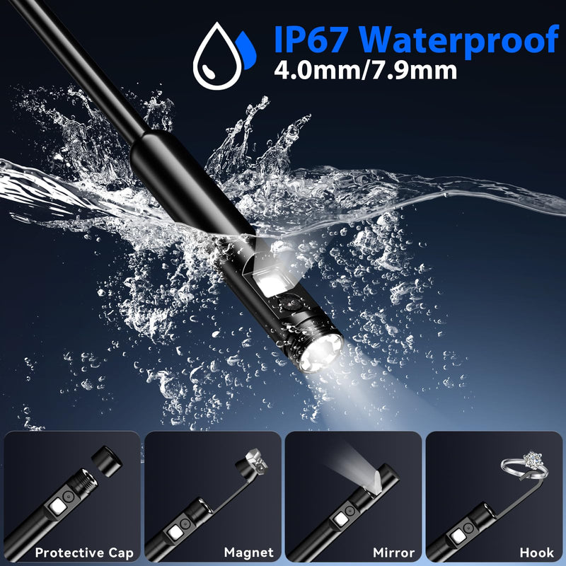 Endoscope Camera with Light, Dual-Lens 1920P HD Borescope Tools with 8+1 Adjustable LED Lights, 32.8FT Semi-Rigid Snake Cord IP67 Waterproof Inspection Camera for iPhone, iPad, iOS and Android Phone Dual Lens
