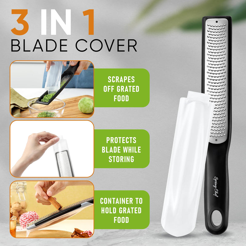 Spring Chef Premium Lemon Zester Grater with Handle - Ginger, Nutmeg, Garlic Grater - Heavy Duty Kitchen Tool - Stainless Steel Citrus Zester with Blade Cover - Fine & Coarse Shred, Set of 2, Black Fine & Coarse Zester