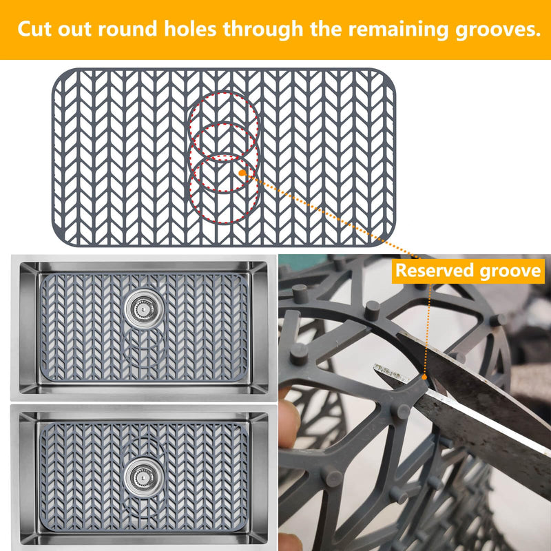 Sink Protectors for Kitchen Sink24"x12.5" 3 Reserved Holes Silicone Sink Mat | Various sizes and styles,Free-form cutting,Holes for different positions,Protector for sinks and dish,Food-grade silicone Gray 24"x12.5"