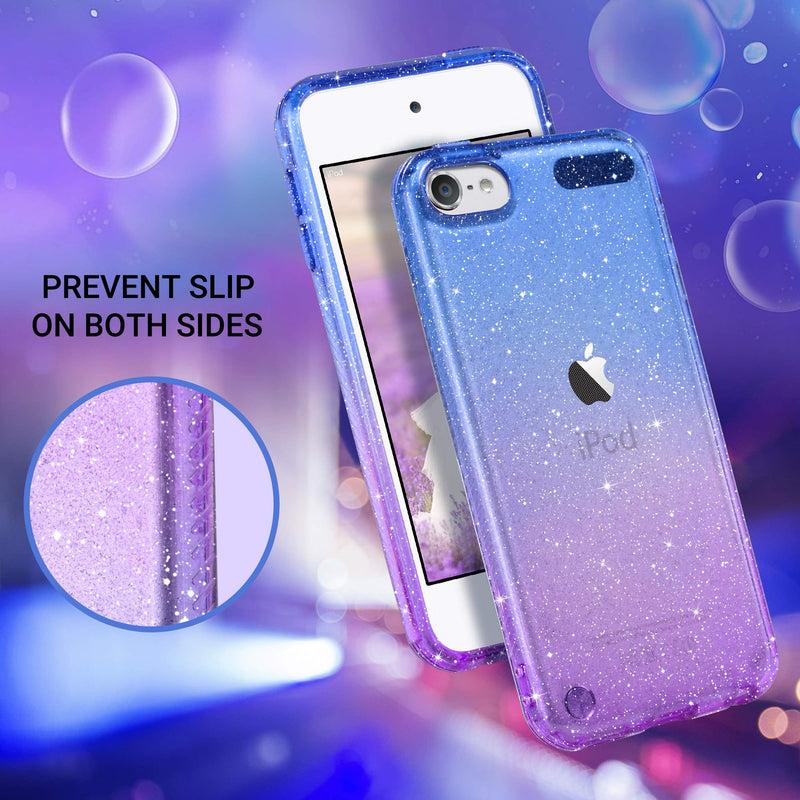 ULAK Clear Gradient Glitter Case for iPod Touch 7th/6th/5th Generation, Hybrid Slim Cute Case for Girls Women, Shockproof Anti-Scratch Soft TPU Bumper Cover for iPod Touch 7/6/5, Blue+Purple Purple