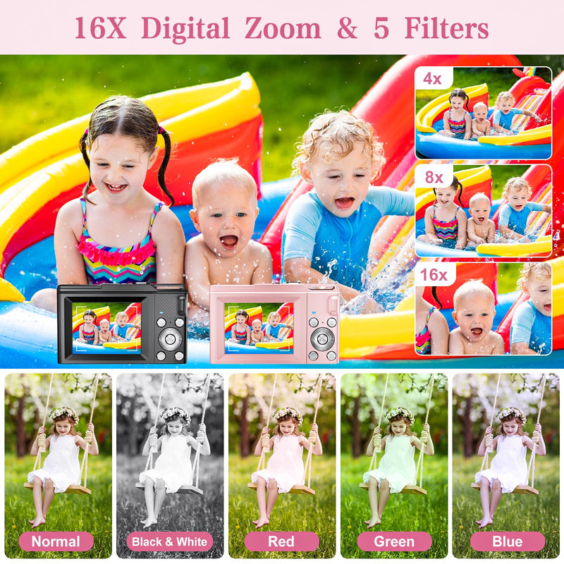 Digital Camera for Kids, FHD 1080P Point and Shoot Children's Camera with 16X Digital Zoom, Anti-Shake, Flash, 32GB Card, Portable Compact Travel Camera for Boys, Girls (Black) Black