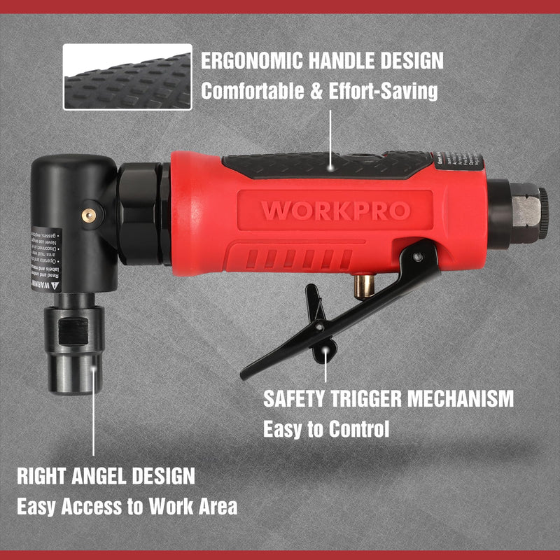 WORKPRO Air Angle Die Grinder, 1/4-Inch Pneumatic Right Angle Die Grinder, 20000RPM, Air-Powered 90 Degree for Grinding, Cutting, Polishing, Welding Repair, Deburring, 1/4" & 1/8" Collets Included 1/4-Inch Right Angle Die Grinder