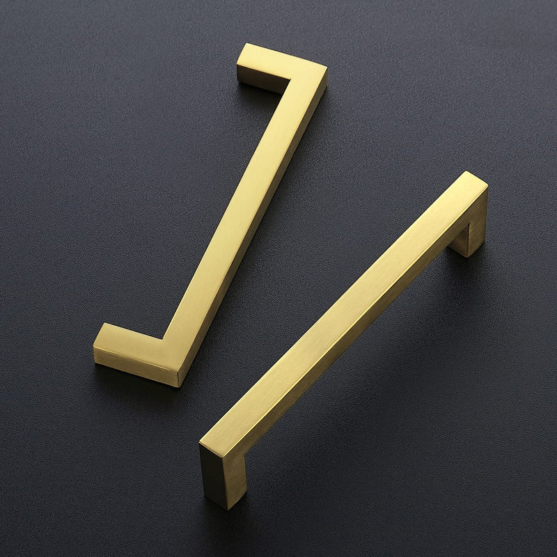 Ravinte 10 Pack 6-1/4 Inch Square Cabinet Handles, Brushed Brass Finish, Stainless Steel Kitchen Hardware Pulls with 6-1/4" (160mm) Hole Center for Cabinets, Gold 6-1/4 inch Hole Center