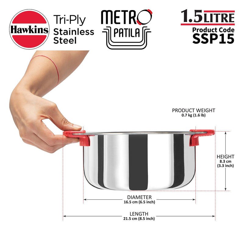 Hawkins 1.5 Litre Metro Patila, Triply Stainless Steel Tope, Induction Bhagona, Tapeli, Silver (SSP15) 1.6 Quarts