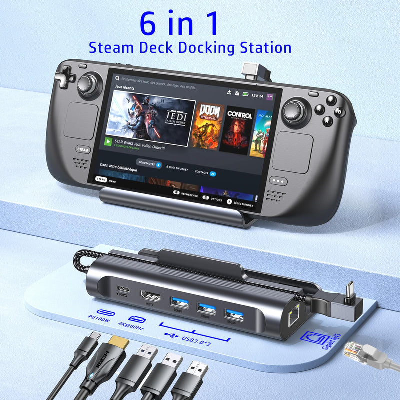 Docking Station for Steam Deck/ROG Ally, 6-in-1 Steam Deck Dock with HDMI 4K@60Hz, 1000Mbps Ethernet, 3 USB-A 3.0 and 100W Fast Charging USB-C,Deck Stand for Valve Steam Deck,ROG Ally