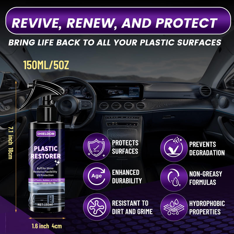 Plastic Restorer for Cars Ceramic Plastic Coating Plastic Trim Quick Restoration Bring Plastic, Rubber, and Vinyl Back to Life, Buff for Shine, Restore Flexibility, UV Protection - 5oz/150ml