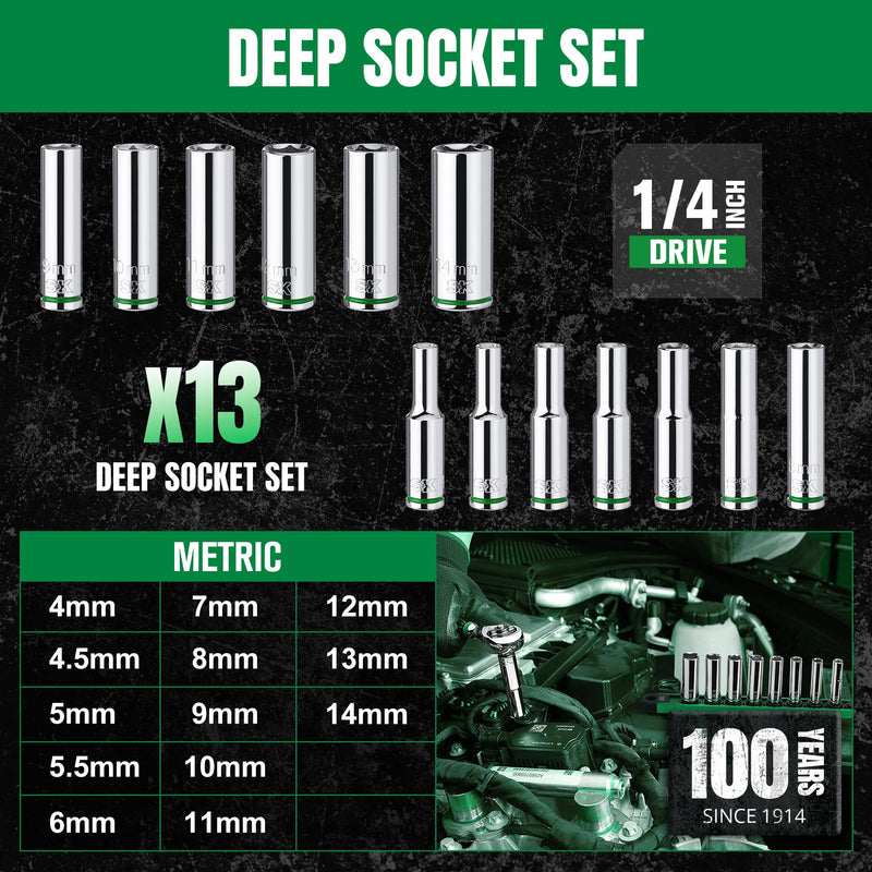 SK 1/4" Drive Socket Set, Deep Metric Sockets, 13-Piece 4-14 mm, SuperKrome Finish, Premium CR-V Construction, with Aluminum Socket Organizer 0.16 - 0.55 inch