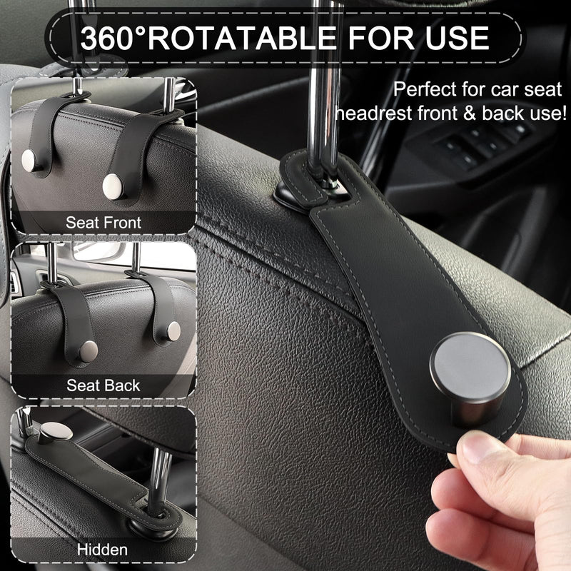 Car Headrest Hooks, 2 Pack Leather Car Seat Storage Hanger for Purses Bags, Stylish Car Seat Organizer Hooks for Handbag Coat Umbrellas, Car Inside Accessories, Black 2 Pcs