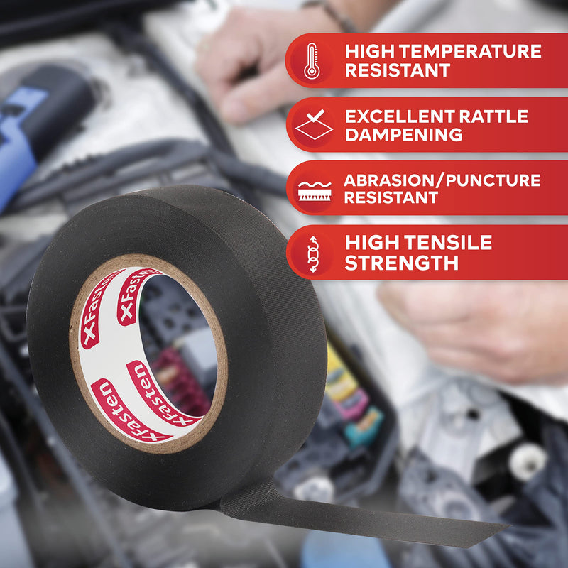 XFasten Wire Harness Tape 3/4 Inch x 50ft Cloth Tape | High Temp Fabric Tape | Cloth Electrical Tape | Felt Tape | Friction Tape | Flat Wire Tape Automotive Wire Loom Tape Screen Wire Tape 1 Black 3/4-Inch x 50-Feet