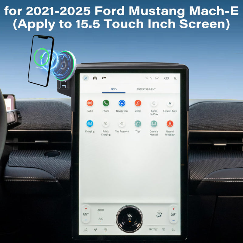 Car Phone Holder for 2021-2025 Ford Mustang Mach-E Accessories Apply to 15.5 Inch Touch Screen 15W Fast Wireless Charger Screen Fixed Clip Cell Phone Mount Hands-Free 360 Degree Rotation