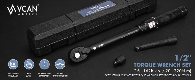 1/2-Inch Drive Click Torque Wrench 20-220 Nm (14.8-162.3 ft-lb) ±2.5% High Accuracy Precision 72-Tooth Fits Cars, Motorcycles & Bicycles Includes 1/2" Adapter& 5” Extension Rod Black 20-220Nm/14.8-162.3ft-lb
