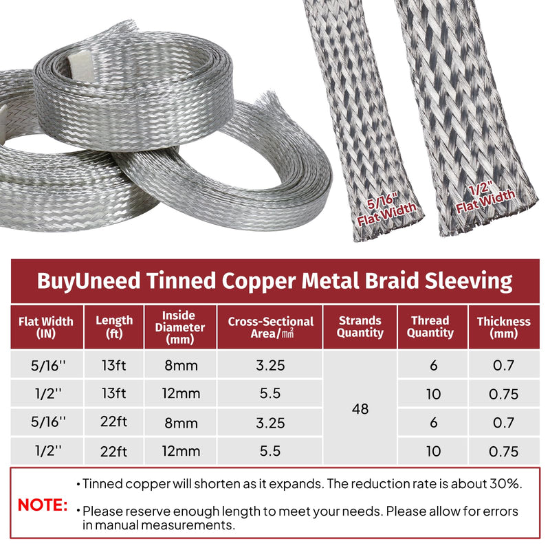 Tinned Copper Metal Braid Sleeving Wire Shielding Sleeve Braided Copper Ground Straps EMI/RFI Interference Expandable Flat Mesh Shielding Cable for Protect Wire (1/2inch-22ft) 1/2inch-22ft