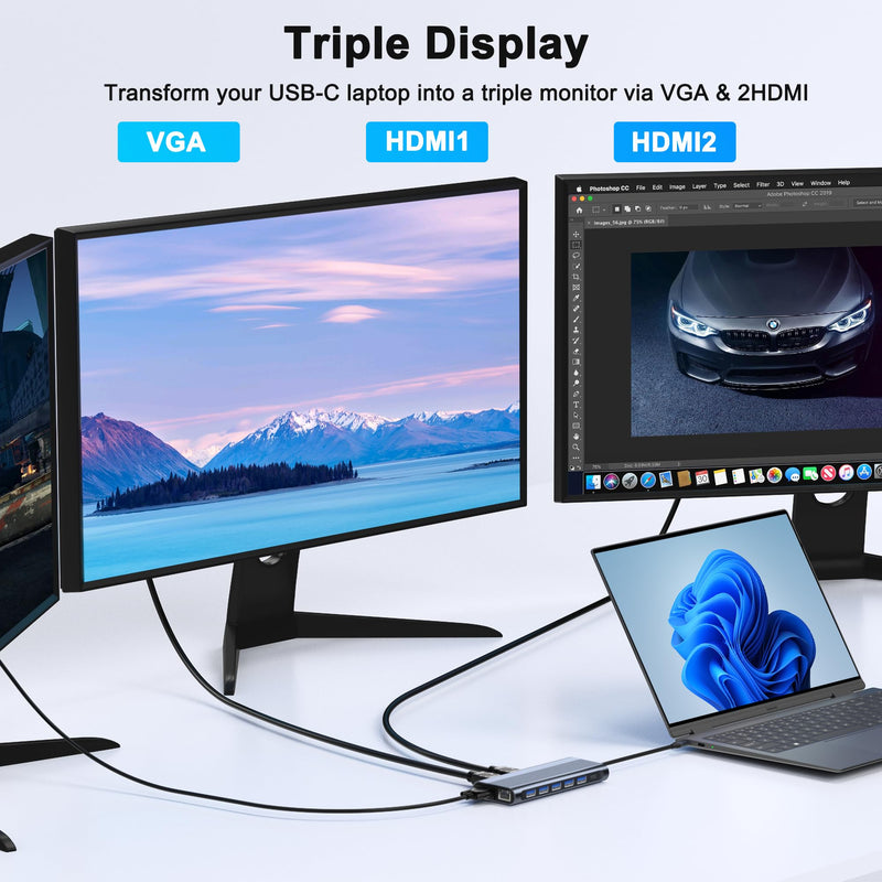 USB C Docking Station Dual Monitor for Dell/HP/Lenovo/Mac Laptop, Dual HDMI Adapter for 2 Monitors, 14 in 1 Laptop Docking Station Dual Monitor with 10Gbps USB/HDMI/VGA/PD/Ethernet/SD/TF/Audio/Mic
