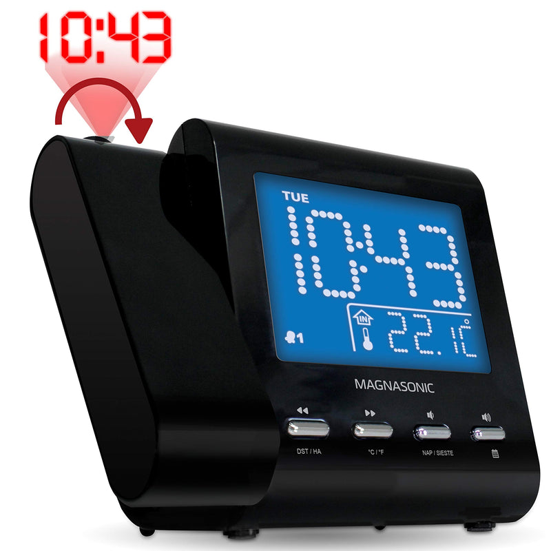 Magnasonic Projection Alarm Clock with AM/FM Radio, Battery Backup, Auto Time Set, Dual Alarm, Nap/Sleep Timer, Indoor Temperature/Date Display with Dimming & 3.5mm Audio Input - Black (EAAC601) Black Body