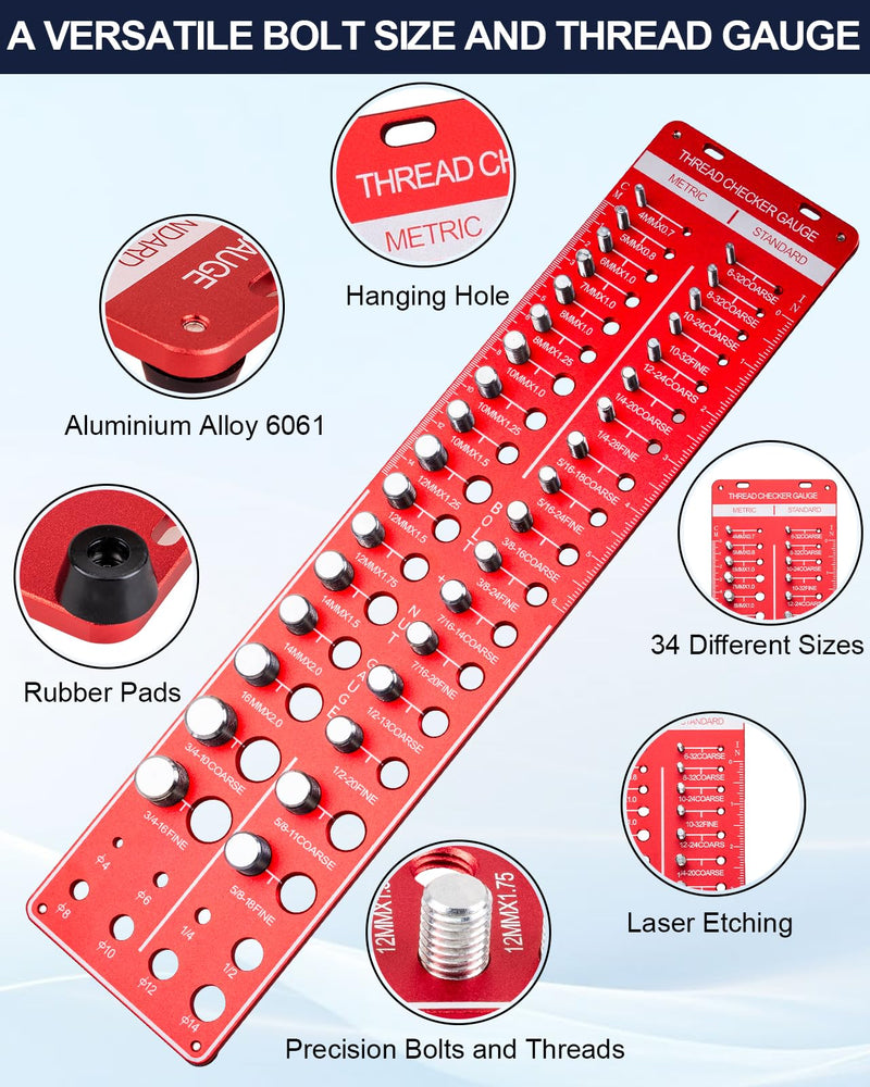 Clatoon Thread Checker, 42 Nut and Bolt Thread Checker, Thread Gauge Solid Bolts with 19 Standard and 15 Metric, identibolt 8 Drill Bit Gauge, Heavy-Duty Bolt and Nut Identifier Gauge