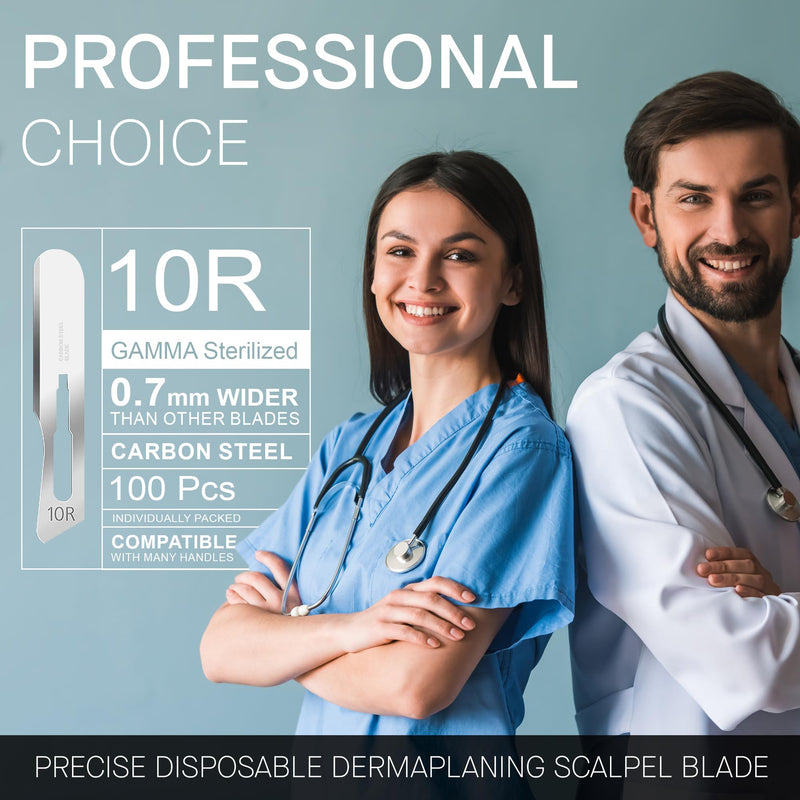 10R Blades Dermaplaning Kit Containing 10r Blades Scalpels Pack of 100 with Scalpel Handle #3 + 10R Scalpel Blade Remover Box + Hemostat by Mymed #10R