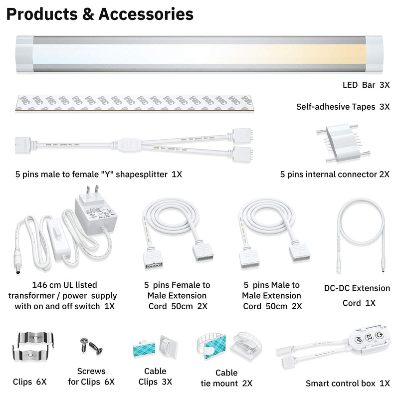 Smart Under Cabinet Lights Work with Alexa, Google,Siri, LED Light for Kitchen Shelf Counter Lighting with App, Voice Activated Dimmable and Linkable Warm to Cool White (3 Lights Bar Kit) 3 Lights Bar Kit