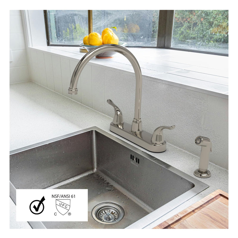 Wasserman 23073124 - Mobile Home RV Kitchen Sink Faucet High Spout Dual Lever Handle with Side Spray, High Arc, Deck Mount, Brushed Nickel, 8 inch on Center, for Campers, Motorhomes, Travel