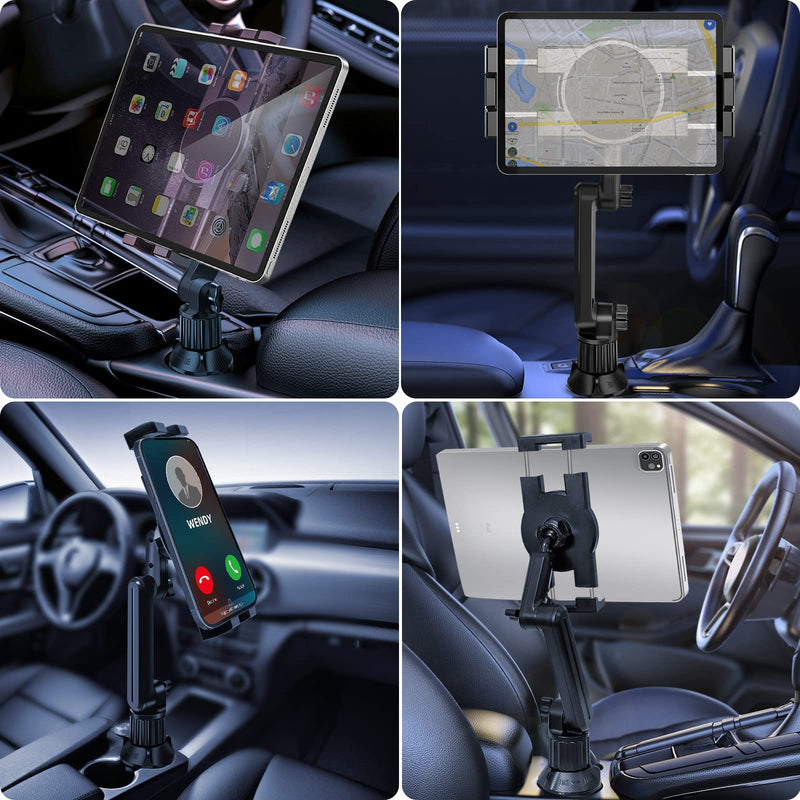 Cup Holder Car Tablet Mount for Truck, 360° Adjustable 15" Long 2-Arm Stand Holder for iPad Pro 12.9/11/10.5/9.7/Air/Mini 6/5/4, Samsung Galaxy Tab/Z Fold 6/5/4, iPhone 17/16/Pro, 4.7-12.9" Tab &Phone 15"