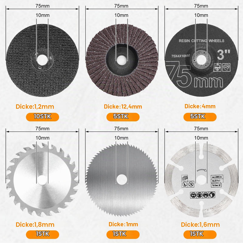 Set of 23 Cutting Discs and Flap Discs 75 mm, Angle Grinder Accessories with HSS Circular Saw Blades, Carbide Cutting Disc, Diameter 10 mm Bore, Grinding Cutting Polishing Metal Wood Plastic