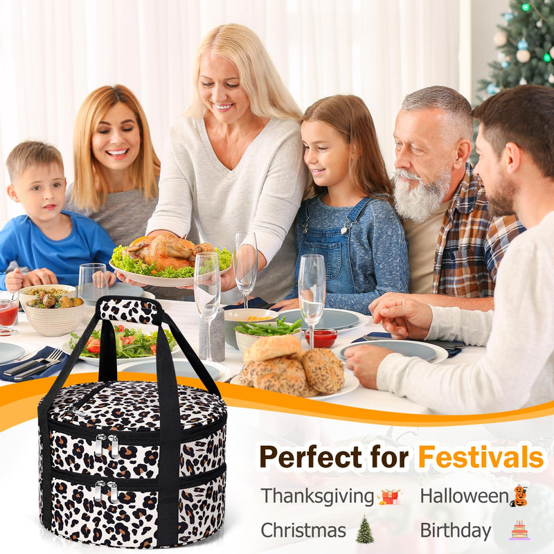Round Double Insulated Casserole Carrier – 12" Portable Pie Carrier Bag for Hot or Cold Food, Leakproof Thermal Lunch Tote with Handle for Parties Picnic & Travel - Leopard