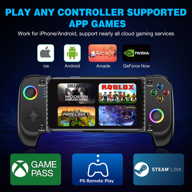 MystNova Wireless Phone Mobile Gaming Controller for iPhone/Android - Turn Your iPhone into a Gaming Console - Play Xbox, PlayStation, Steam Link, Cloud Gamepad for iOS with RGB Black
