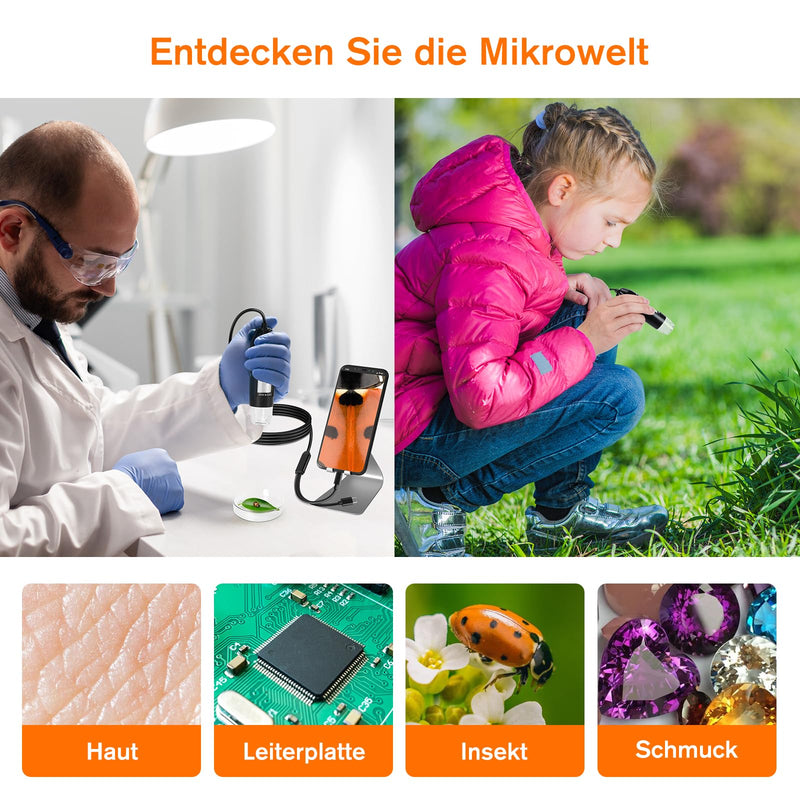 WADEO Digital Microscope, USB Microscope 1440P HD with 50X-1600X Magnification, Portable Inspection Camera, WiFi-Free, Wired Handheld Microscope with 8 LEDs and Stand, iOS, Android and Tablets Compatible