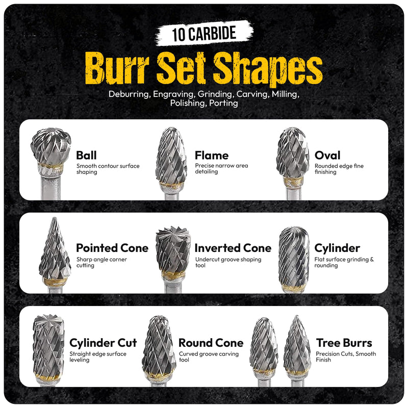 10Pcs Tungsten Carbide Burr Set 6.35mm - 1/4" Shank Double Cut Die Grinder Bits Cutting Burrs - Metal, Steel - Rotary Tools Rasp Accessories - Deburring, Engraving, Grinding, Carving, Porting 10pcs - 6.35mm