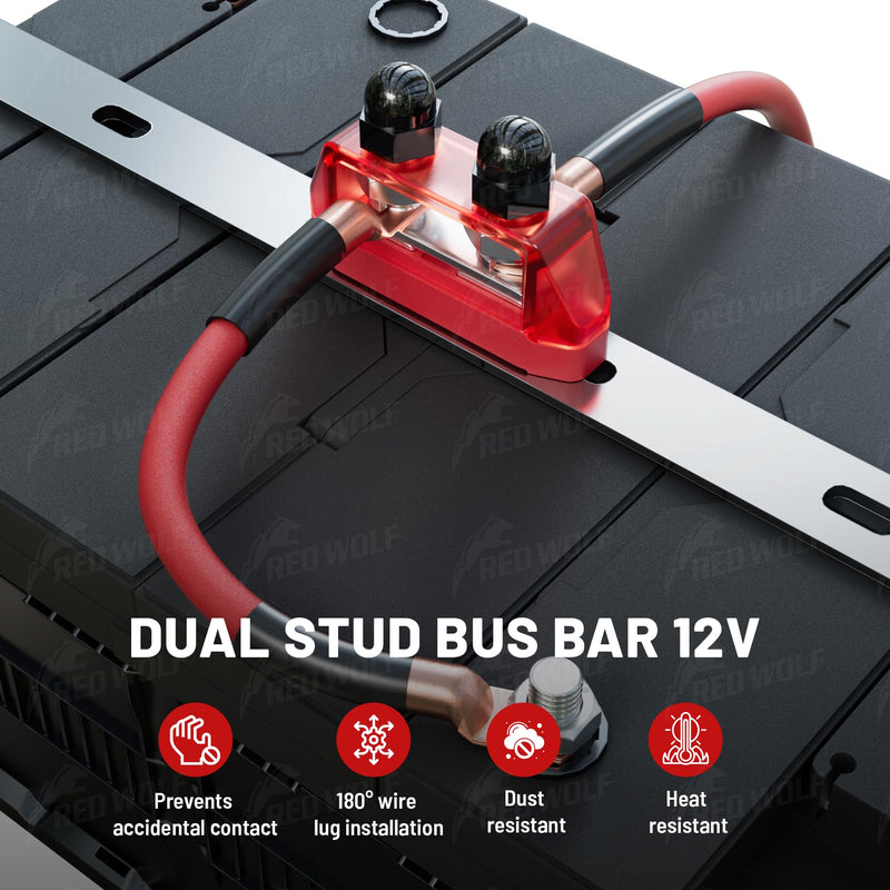 RED WOLF 2PCS 5/16" M8 Dual Stud Bus Bar 12-48V Power Distribution Block Holder 250A DC MAX, Battery Terminal Junction Dual Power Stud Busbar for Car Marine Boat Red & Black w/Screws