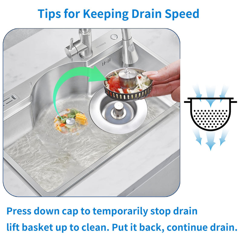 3 in 1 Kitchen Sink Drain Strainer,Pop up Sink Stopper Kitchen Drain, Anti-Clogging Strainer Basket Odor Prevention Plug Stopper for US Standard 3-1/2” Drain (Silver-2pcs) Silver-2pcs