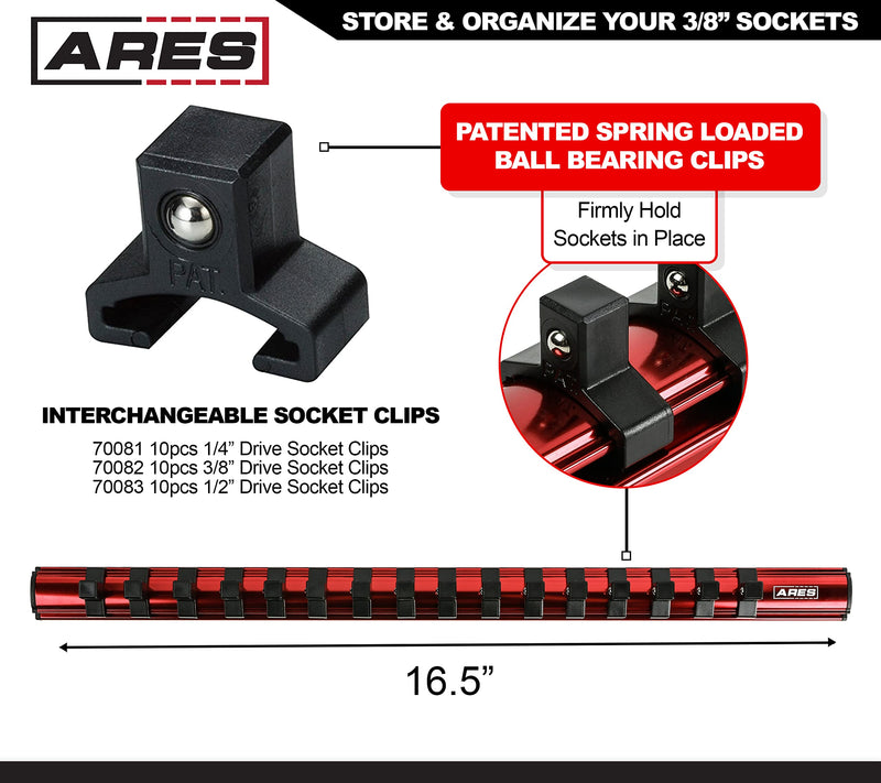ARES 60128-3/8-Inch Drive Magnetic Socket Organizer - Aluminum Rail Stores up to 16 Sockets and Keeps Your Tool Box Organized Red 3/8-Inch Drive 16.5-Inch Magnetic Socket Rail
