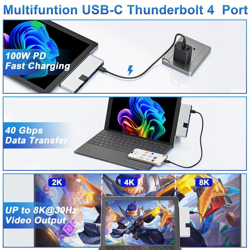 Surface Pro 12 2025 Hub USB C, Surface Pro 12 Hdmi Adapter with 4K HDMI, Thunerbolt 4 (8K Video+Data+100W PD), 2*USB 3.0, 3.5mm Audio, 1 * 100M Ethernet、SD/TF, Hub for Surface Pro 12 inch (2025) Slivery