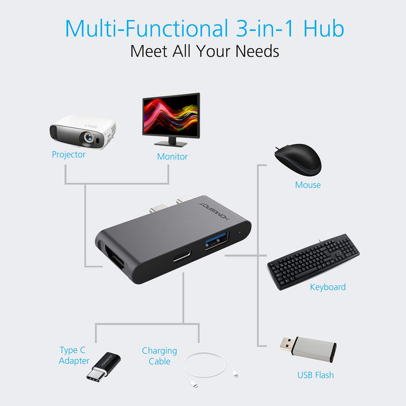 HomeSpot 3-in-1 USB Type-C Hub with HDMI 4K Video Output & USB 3.0 Port Ultra Slim for MacBook Pro MacBook Air with Case on - Grey Mini USB C Hub - Grey