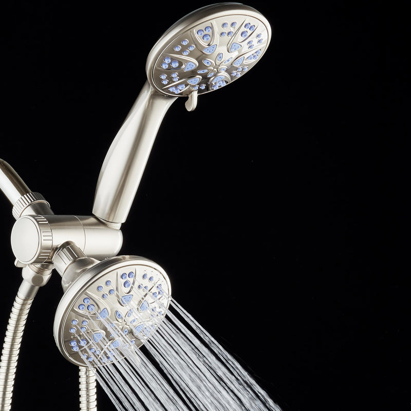 AquaDance Antimicrobial/Anti-Clog High-Pressure 30-setting Dual Head Combination Shower with Nozzle Protection from Growth of Mold, Mildew & Bacteria for a Healthier Shower – Sunset Blue 2.5 Gallons Per Minute Satin Nickel / Sunset Blue Jets