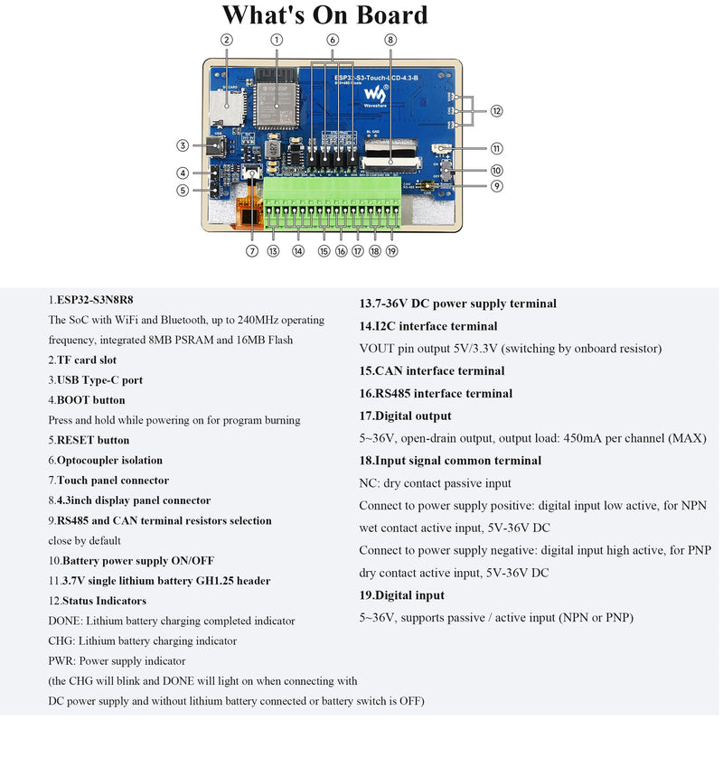 ESP32-S3 4.3inch Touch Screen Development Board Capacitive IPS Display 800x480, 32-Bit LX7 Dual-Core Processor Support 2.4GHz W-i-F-i and Blue-Tooth 5 (LE), Onboard CAN, RS485, I2C Interface,etc.