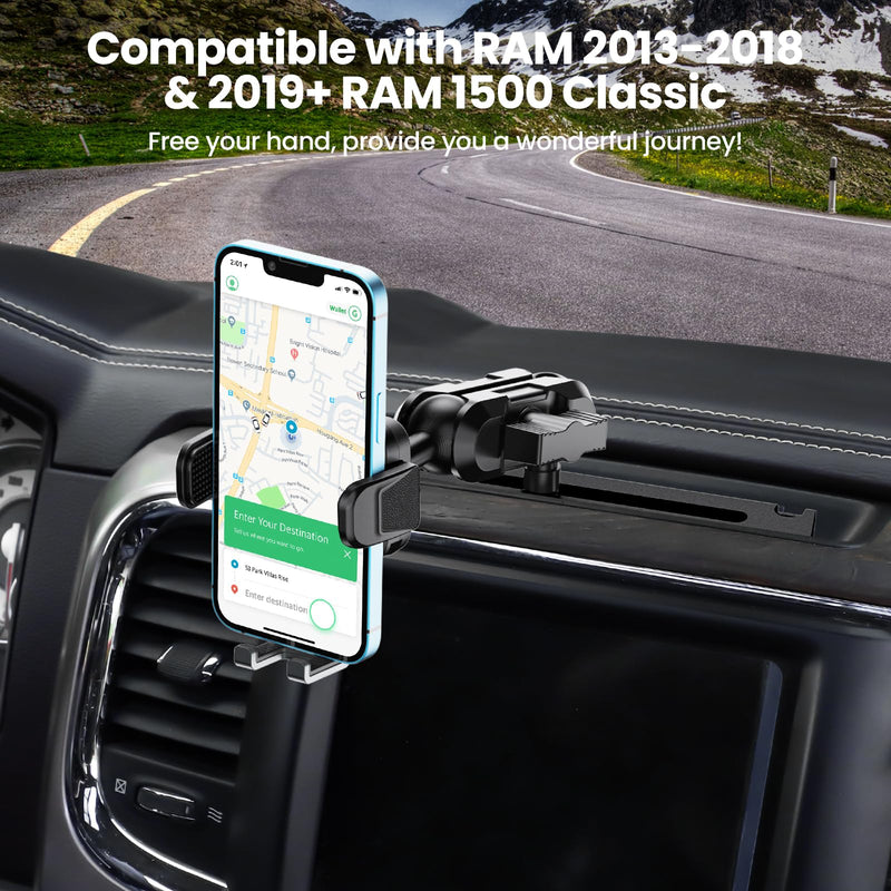 Kaishengyuan Metal Phone Mount for Ram Truck 2013-2018, Dash Mount Cell Phone Holder Compatible with RAM 1500/2500/3500 & 2019+ Classic, Metal Ball Adapter Phone Stand Arm Fit for Most Smartphones Universal Mount
