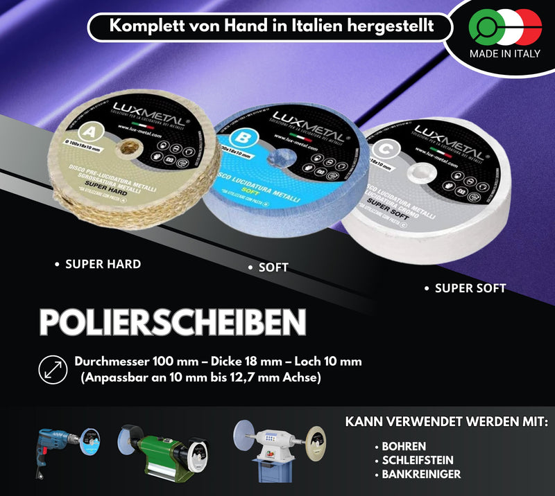 3 Polishing Paste 250 g - 3 Polishing Discs 100 mm, Polishing Set DIY Kit Sanding Paste Metal, Aluminium, for Drill, Stainless Steel, Brass, Copper, Wood, Plastic, Grinding Machines, Knives