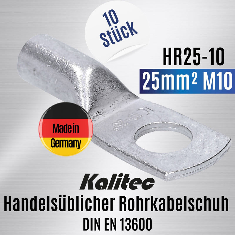 Pack of 10 Kalitec HR25-10 standard tubular cable lugs 25mm² M10 I without viewing hole I Made in Germany