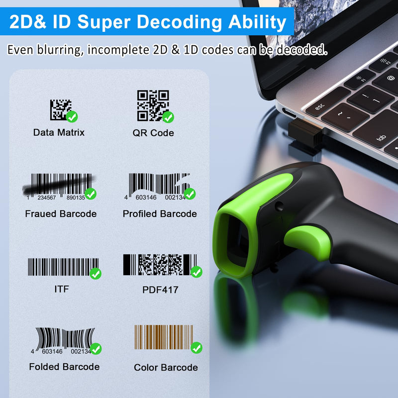 Symcode Wireless Bluetooth Barcode Scanner,Bluetooth & USB Wired & 2.4G Wireless Connection Ergonomics Handheld Barcode Scanner Reader, 2D 1D QR Code Automatic Fast Precise scanning Scanner Green